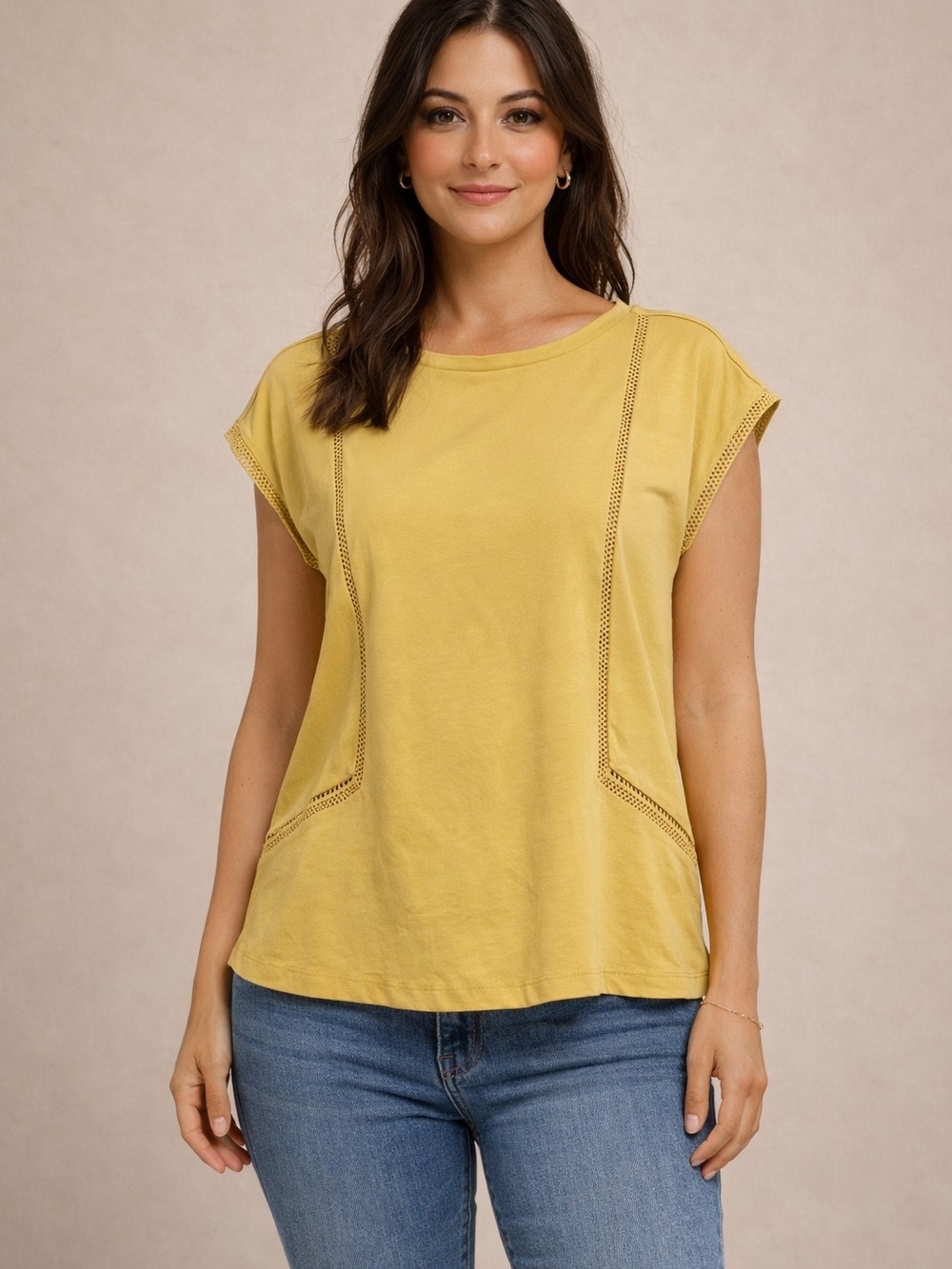 Ann Taylor Yellow Short Sleeve Tee with Ladder Stitch Accents